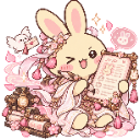 A cute cartoon bunny winking while holding a clipboard with a list on it, surrounded by pink floral elements.