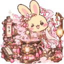 A cute bunny winking while cooking in a magical, flower-adorned pot.