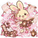 A cute bunny with long ears winking while reading a large, ornate book surrounded by floating magical scrolls and pink energ…