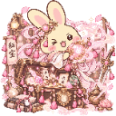 A cute yellow rabbit with long ears surrounded by pink magical energy, ornate furniture, and glowing potions.