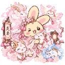 A happy bunny wearing flowers surrounded by small mythical creatures in a pink, magical setting.