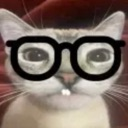 A cat wearing thick black-rimmed glasses and showing two prominent front teeth.