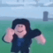 Roblox character running across a grassy field with a happy expression.