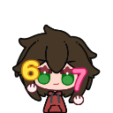A chibi character with brown hair and green eyes holding a yellow number six and a pink number seven.