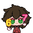 A pixelated character with brown hair and green eyes holds and juggles the numbers six and seven.