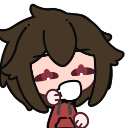 A brown-haired chibi character in a red hoodie calmly sipping from a small white cup.