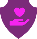 A pink heart resting in a pink hand, centered inside a purple shield shape.