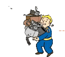 Vault Boy struggles to carry a heavy, falling-apart machine while looking stressed.