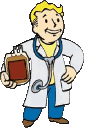 Vault Boy dressed as a doctor holding a blood bag and giving a thumbs up gesture.
