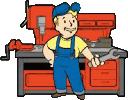 Vault Boy wearing blue overalls stands in front of a red workbench while holding a metal wrench.