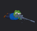 A green frog lying on its stomach aiming a long sniper rifle.