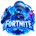 Blue logo featuring a battle bus, a llama, and a soldier silhouette with the text Fortnite.
