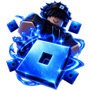 A stylized character surrounded by a glowing blue aura and floating geometric shapes.