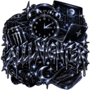 Metallic typography reading all nighter surrounded by an alarm clock, laptop, and energy drink icon in a dark, starry style.