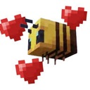 Minecraft bee flying with red pixelated hearts floating around it.