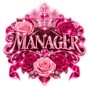 Manager text centered inside a pink and red rose emblem with a crown on top.