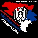 A double-headed eagle crest centered over a map colored in red, blue, and white against a black background.