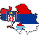 Map of Serbia filled with the Serbian flag and the national coat of arms.