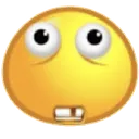 Yellow emoji face with wide eyes and prominent buck teeth looking upward.