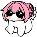 A small white blob creature with large, glossy, tear-filled eyes and pink hair, looking up with a sad expression.