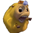 A fuzzy yellow creature with a purple tuft on its head screams with a wide-open mouth and large, panicked eyes.