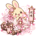 A cute white bunny wearing ornate pink robes and a floral headpiece, smiling happily while surrounded by pink flowers and a …