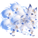 A nine-tailed fox with blue and white fur stands gracefully, adorned with golden ornaments and tassels.