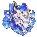 A stylized wolf head surrounded by swirling blue flames and gold jewelry accents.