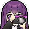 Anime girl with purple hair holding a camera and taking a photo with a flash.