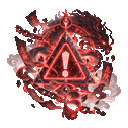 A glowing red warning sign with an exclamation mark inside a triangle, surrounded by dark, smoky magical effects.