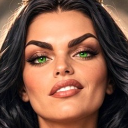 Woman with long dark hair and piercing green eyes giving a subtle, confident smirk.