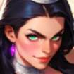 Woman with dark hair and green eyes giving a confident, mischievous smirk.