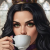 A woman with long dark hair and a crown sips from a white teacup while looking directly at the viewer with a smug expression.