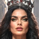 A woman with dark hair wearing a jeweled crown stares intensely at the viewer.
