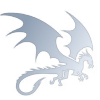 A white, stylized dragon silhouette in a graceful flying pose.