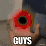 Hand holding a glowing, color-changing energy vortex with the word GUYS written in white text below it.