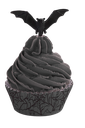 A black cupcake topped with a small black bat figure.