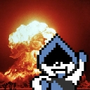 A pixelated blue character waving with a cheerful expression in front of a large, fiery explosion.