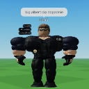 A muscular Roblox character with exaggerated arm and chest muscles standing in a green field.