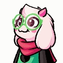A cute creature with pink fur and green glasses wearing a red scarf, looking up with a smug, satisfied grin.