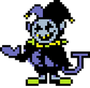 Jester character with a wide, manic grin and purple attire standing in a pixelated style.