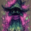 A dark hooded creature with round glasses stands amidst a glowing cloud of pink and green magical particles.