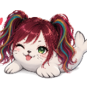 A white seal with long red and rainbow-streaked hair winks and sticks its tongue out.