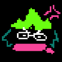 A pixelated character with green hair and glasses showing a red angry vein symbol above their head.