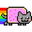 Nyan Cat flying forward with a pink Pop-Tart body and a long rainbow trail behind it.