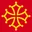 Occitan cross symbol in gold on a solid red background.