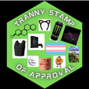 A green hexagon containing a collage of symbols including a trans flag, a gaming console, a mouth, and an energy drink can.