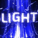 The word LIGHT in a sparkling white font centered over vertical blue light beams.