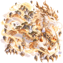 Golden dragon swirling through white clouds in a stylized artistic fashion.