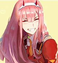 Zero Two with pink hair and red horns laughing with a wide, joyful smile.